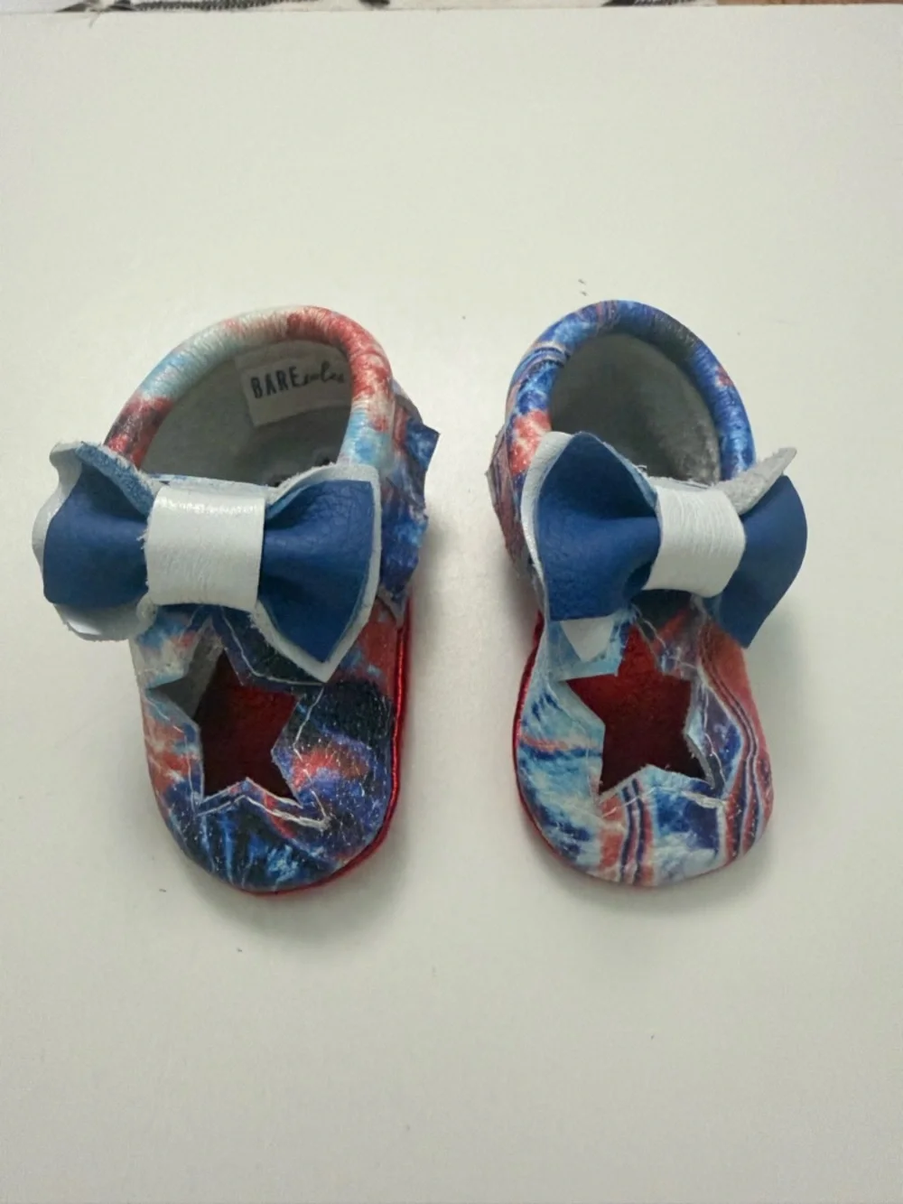 Bare Soles Moccasins Leather Soft Bow Cut Out Stars Metallic Red White Blue 1